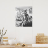 白黒フクロウオンリビングルームチェアイラストレーション ポスター (キッチン)