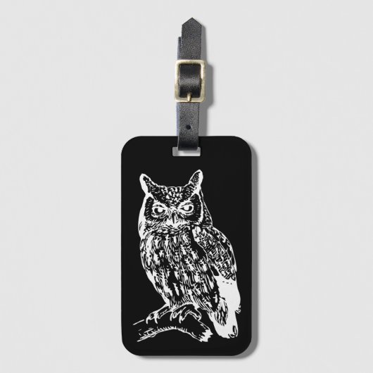 白黒フクロウ美術 ラゲッジタグ (正面縦)
