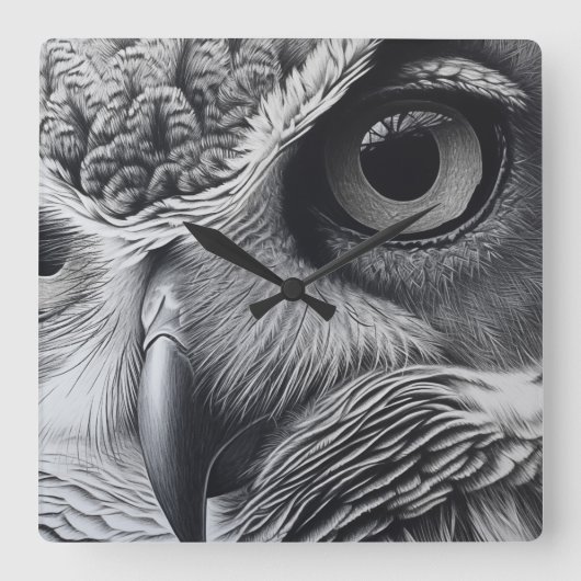 白黒フクロウ顔 スクエア壁時計 (正面)