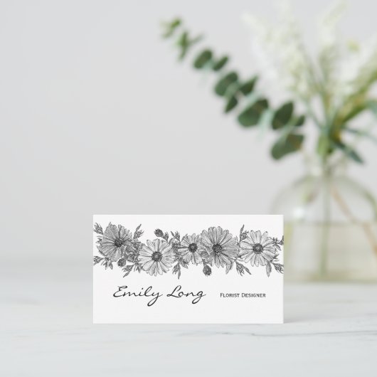白黒フラワーアレンジメントのスケッチのデザイン 名刺 (スタンド正面)