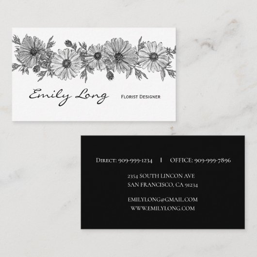 白黒フラワーアレンジメントのスケッチのデザイン 名刺 (正面/裏面)