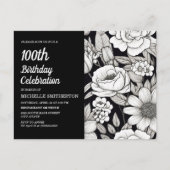 白黒フラワーズウィメンズ100誕生日 インビテーションポストカード (正面)