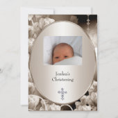 白黒フラワーフォトフレーム洗礼 招待状 (正面)