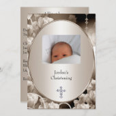 白黒フラワーフォトフレーム洗礼 招待状 (正面/裏面)