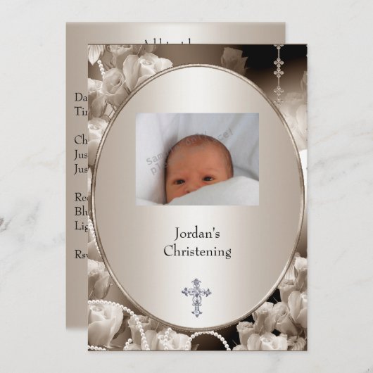 白黒フラワーフォトフレーム洗礼 招待状 (正面/裏面)