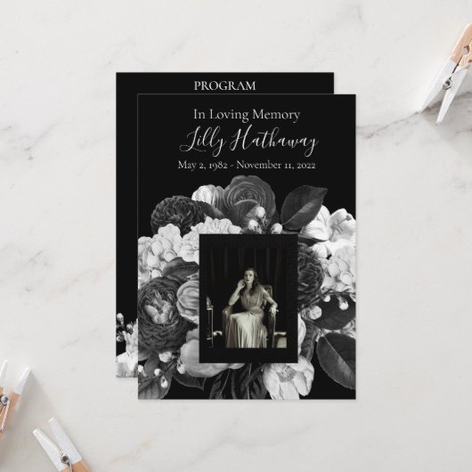 白黒フラワーフォト葬儀プログラム 招待状 (正面/裏面インサイチュ)