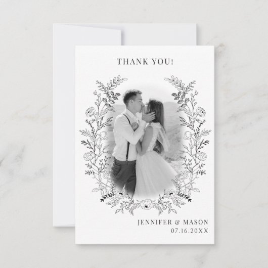 白黒フラワーリースボホ結婚シックの写真 サンキューカード (正面)
