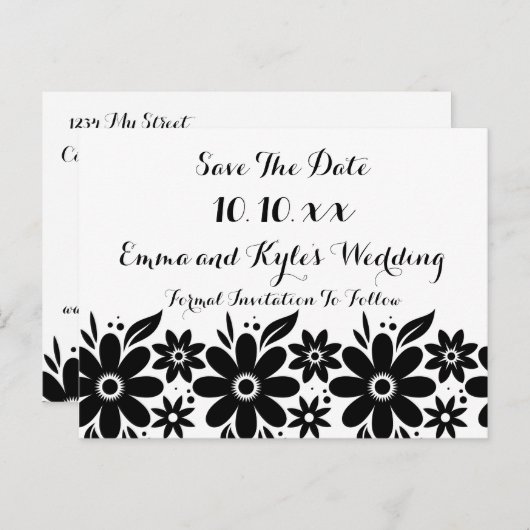 白黒フラワー日付または招待状の保存 案内ポストカード (正面/裏面)