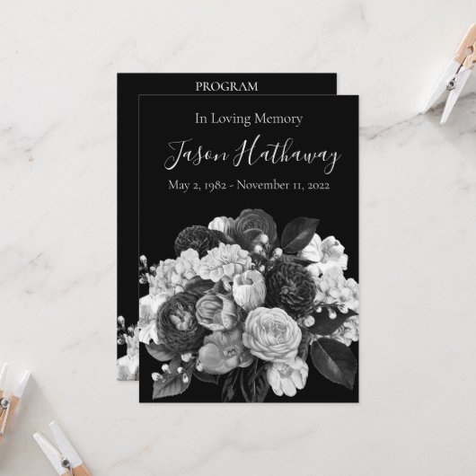 白黒フラワー葬儀プログラム(写真なし) 招待状 (正面/裏面インサイチュ)