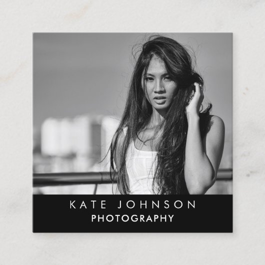 白黒フルフォトQRコードソーシャルメディア スクエア名刺 (正面)