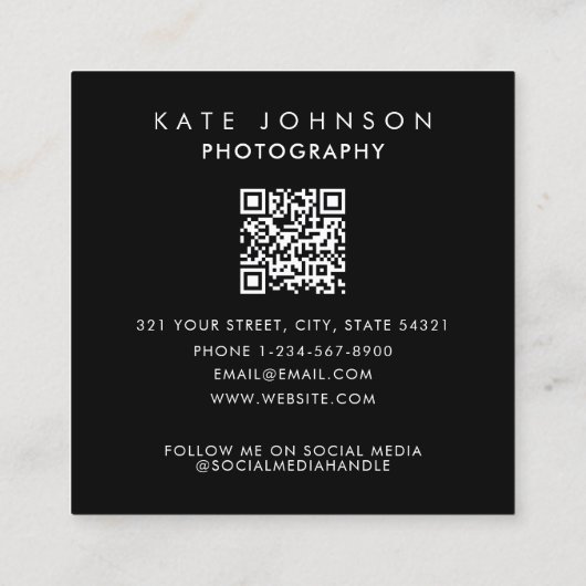 白黒フルフォトQRコードソーシャルメディア スクエア名刺 (裏面)