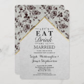 白黒フローラおよび金ゴールドトリムリサイクル紙 招待状 (正面/裏面)