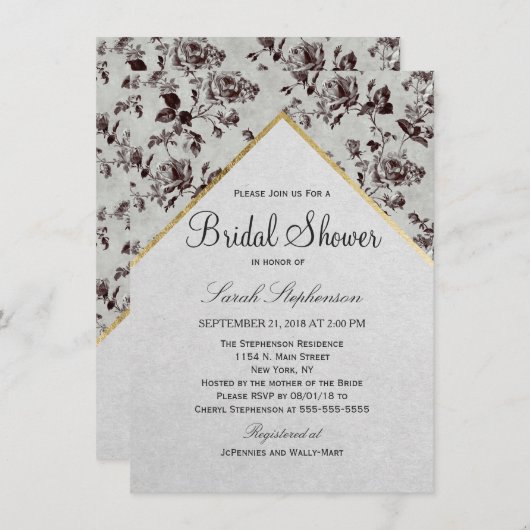 白黒フローラおよび金ゴールドトリムリサイクル紙 招待状 (正面/裏面)