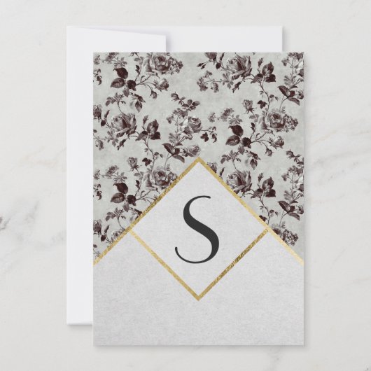 白黒フローラおよび金ゴールドトリムリサイクル紙 招待状 (裏面)