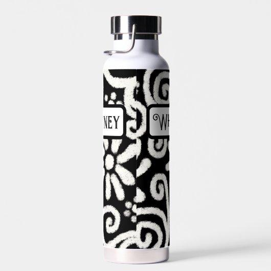 白黒フローラと渦巻きパーソナライズされた花 ウォーターボトル (右面)
