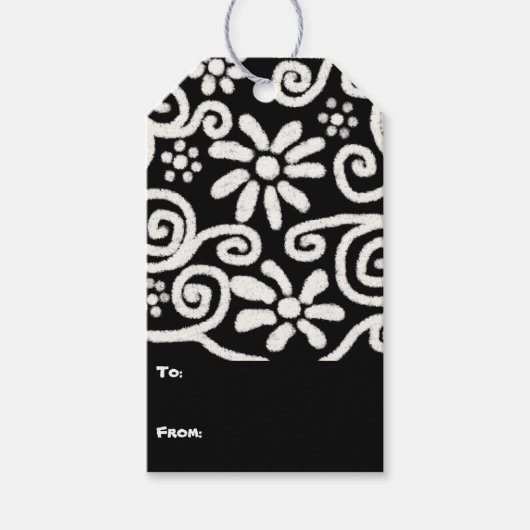 白黒フローラと渦巻き花花の花模様 ギフトタグ (正面)