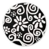 白黒フローラと渦巻き花花の花模様 セラミックノブ (正面)