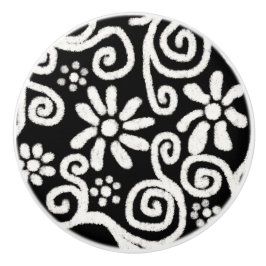 白黒フローラと渦巻き花花の花模様 セラミックノブ