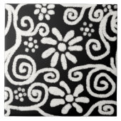 白黒フローラと渦巻き花花の花模様 タイル (正面)