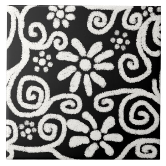 白黒フローラと渦巻き花花の花模様 タイル (正面)