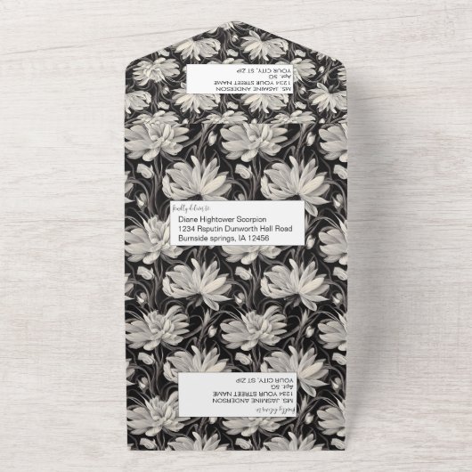 白黒フローラと羽結婚の オールインワン招待状 (外側)