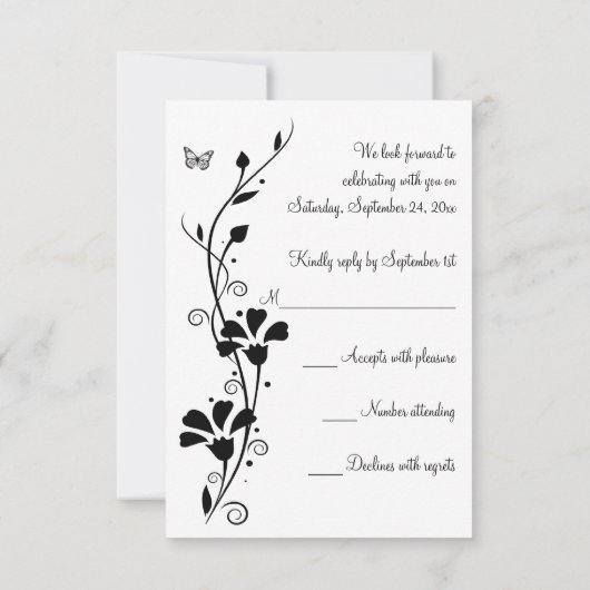 白黒フローラと蝶の返信カード 招待状 (裏面)