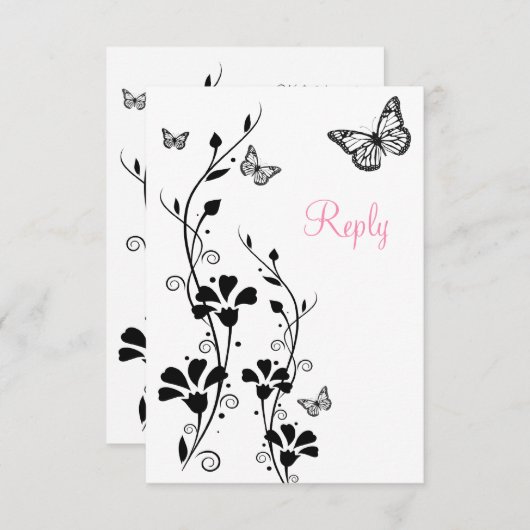 白黒フローラと蝶の返信カード 招待状 (正面/裏面)