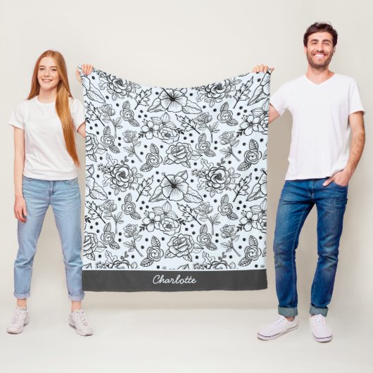 白黒フローラのシームレスなパターン（名前） フリースブランケット (インサイチュ)