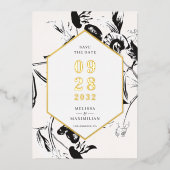 白黒フローラの地域金ゴールドのフレー救ムの日付 箔招待状 (正面)
