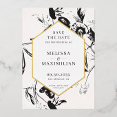 白黒フローラの地域金ゴールドのフレー救ムの日付 箔招待状 (正面)