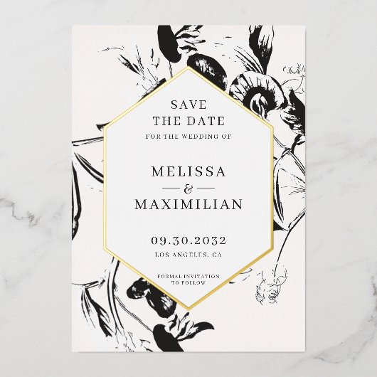 白黒フローラの地域金ゴールドのフレー救ムの日付 箔招待状 (正面)