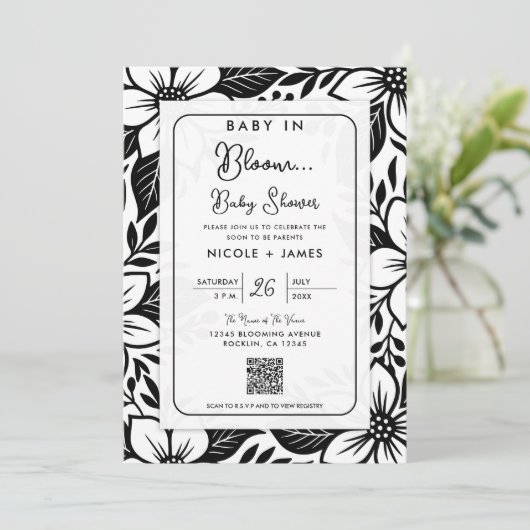 白黒フローラはっきりした開花ベビーシャワー 招待状 (スタンド正面)