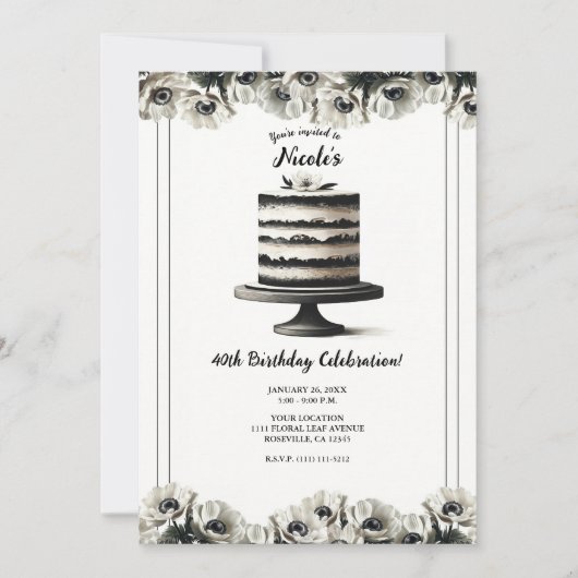 白黒フローラアネモンケーキ誕生日パーティー 招待状 (正面)