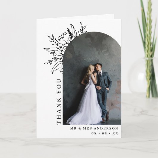 白黒フローラアーチ結婚写真の折り曲げ サンキューカード (正面)