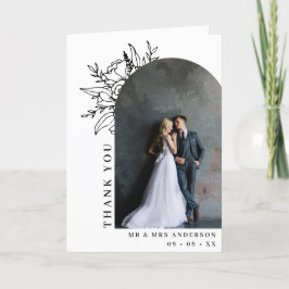 白黒フローラアーチ結婚写真の折り曲げ サンキューカード
