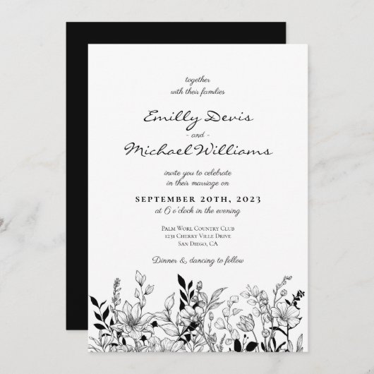 白黒フローラアート結婚式招待状 招待状 (正面/裏面)