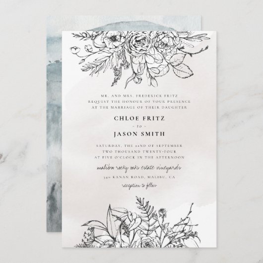 白黒フローラウィンシンプルターマウンテ結婚ンズ  招待状 (正面/裏面)