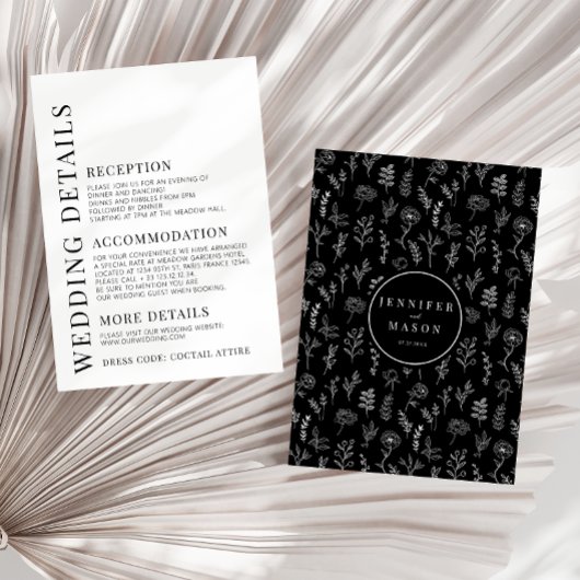 白黒フローラエレガントなウェディング詳細カード エンクロージャーカード