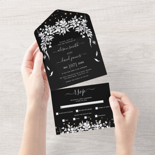 白黒フローラカスケーディングガーラ結婚ンド オールインワン招待状 (貼ってはがせる)