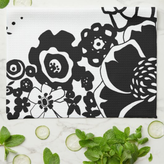 白黒フローラガーデングラフィックパターン キッチンタオル (折り畳み)