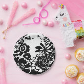 白黒フローラガーデングラフィックパターン ペーパープレート (パーティー)