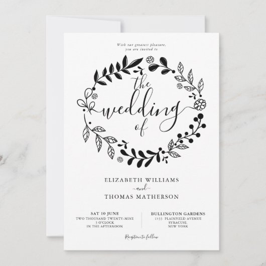 白黒フローラガーランド結婚写真のInvite 招待状 (正面)