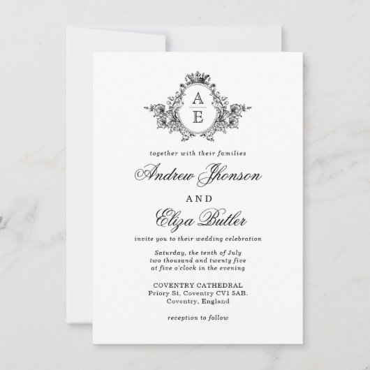 白黒フローラクレストモノグラム結婚ズ 招待状 (正面)