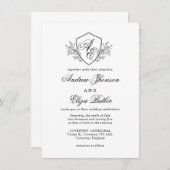 白黒フローラクレストモノグラム結婚ズ 招待状 (正面/裏面)