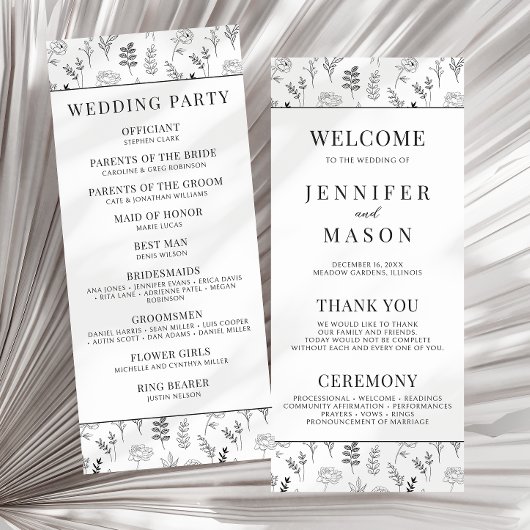 白黒フローラシンプルウェディングプログラムカード