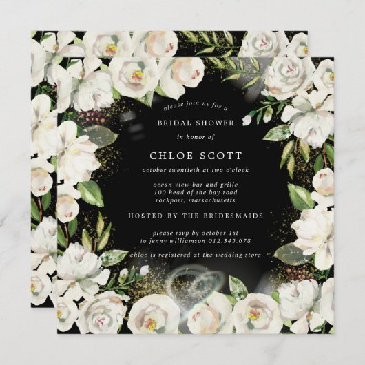 白黒フローラスクエアブライダルシャワー招待 招待状 (正面/裏面)