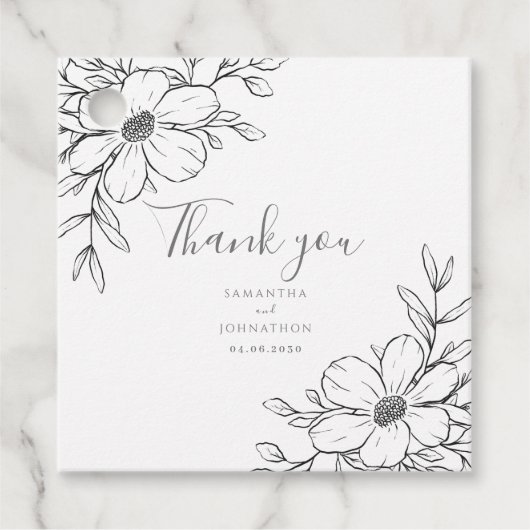 白黒フローラスケッチ結婚式の引き出物ラベル フェイバータグ (正面)