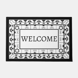 白黒フローラタイルデザインへようこそ ドアマット