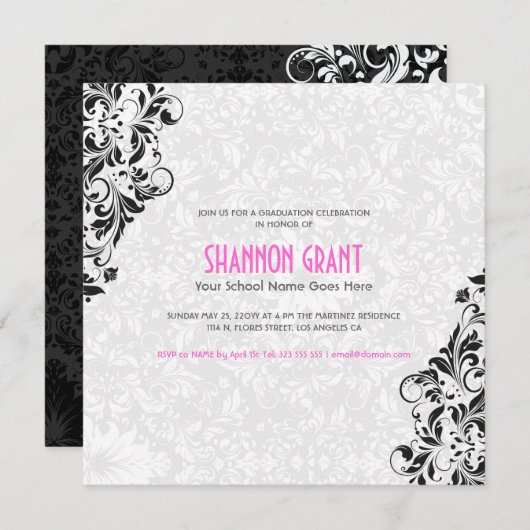 白黒フローラダマスクエレガントグラード招待状 招待状 (正面/裏面)