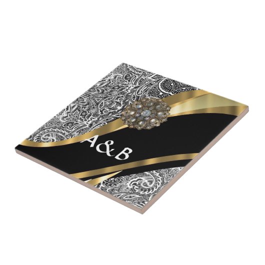 白黒フローラダマスクパターン タイル (側面)